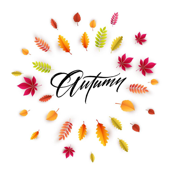 Dobrý den na podzim. Různé barevné podzimní listí pozadí. Vektorové ilustrace - Vektor, obrázek