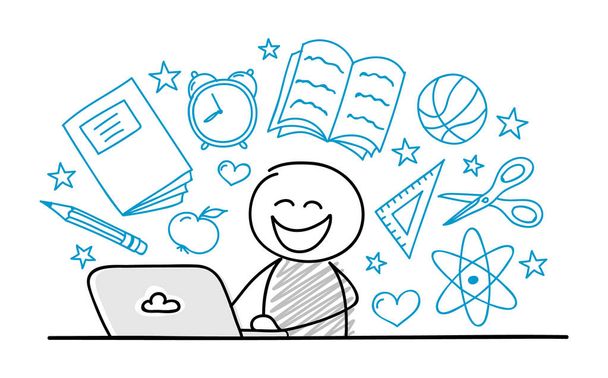 Happy cartoon character working on lapotop with school background. Vector. - Vector, Image