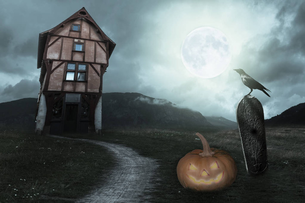 Apocalyptische Halloween landschap met oude huis, pompoen, graf, Raaf en maan - Foto, afbeelding