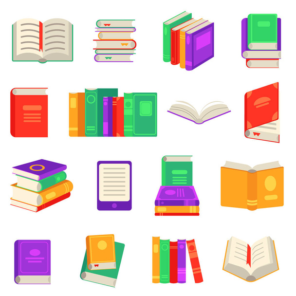 Conjunto de libros de papel y electrónicos con varios objetos de lectura cerrados y abiertos aislados sobre fondo blanco
. - Vector, Imagen