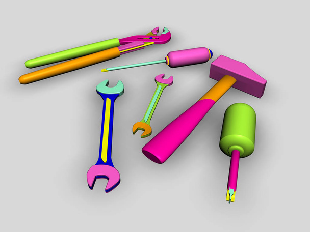 Utensílios de brinquedos infantis em um fundo neutro, renderização 3D
 - Foto, Imagem