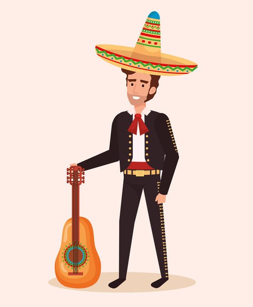 Mexikói mariachi gitár karakterrel - Vektor, kép