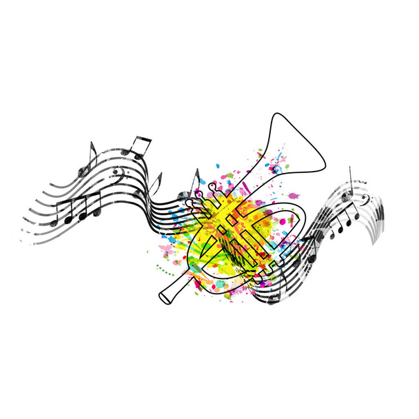 Musik bunten Hintergrund mit Noten und Trompeten Vektor Illustration Design. Poster für das Musikfestival, kreatives Trompetendesign mit Musikern - Vektor, Bild