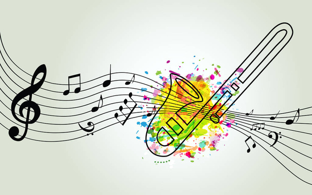 Música fundo colorido com notas de música e design de ilustração de vetor de trompete. Cartaz do festival de música, design de trompete criativo com equipe de música
 - Vetor, Imagem