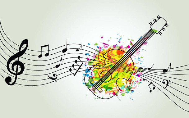 Music colorful background with music notes and guitar vector illustration design. Music festival poster, creative guitar design with music staff - Vector, Image