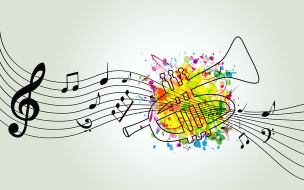 Music colorful background with music notes and trumpet vector illustration design. Music festival poster, creative trumpet design with music staff - Vector, Image