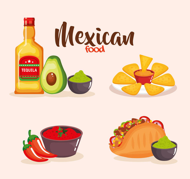 delicious mexican food icons - Vector, Image