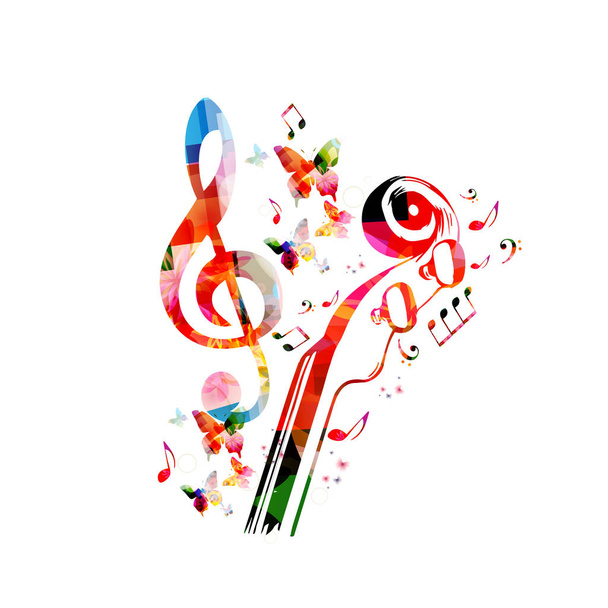 Muzykę plakat z instrumentów muzycznych. Kolorowe klawiatury fortepianu, saksofon, trąbka, wiolonczela, kontrabas, gitara i mikrofon z nut na białym tle projekt ilustracji wektorowych - Wektor, obraz