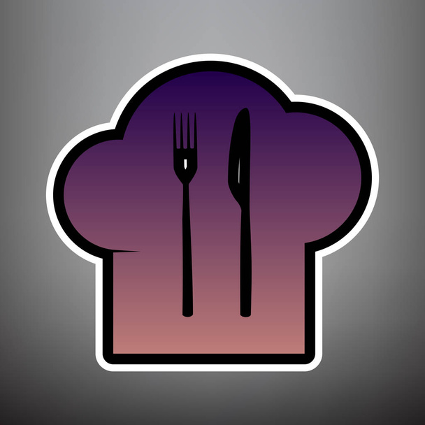 シェフ帽子、スプーン、フォーク、ナイフのサイン。ベクトル。紫のグラデーション ic - ベクター画像