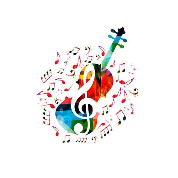 Kleurrijke muziek achtergrond poster met notities bij cello, trompet en muziek. Muziek festival poster met creatieve cello ontwerp vectorillustratie - Vector, afbeelding