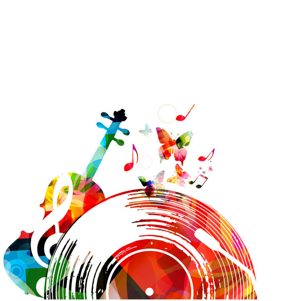 buntes Musik-Hintergrundposter mit Schallplatte, Violoncello und Noten. Musik Festival Plakat Vektor Illustration - Vektor, Bild