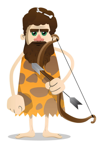 Cartoon old caveman with a bow and arrow. Vector illustration of a man from the stone age. - Vector, Image