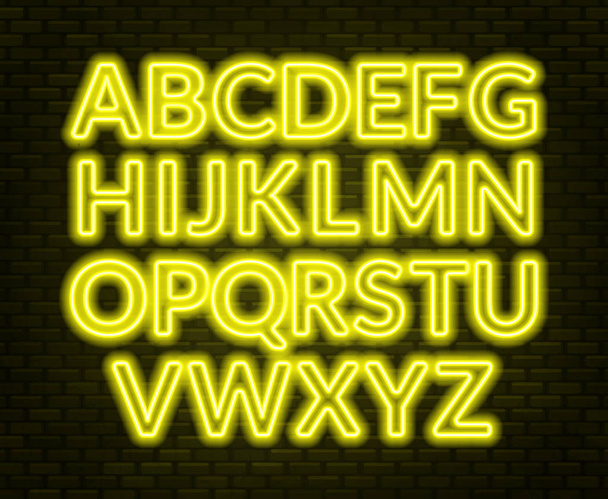 Neon sárga ábécé a téglafal háttér. Nagybetű. Vektoros illusztráció. - Vektor, kép