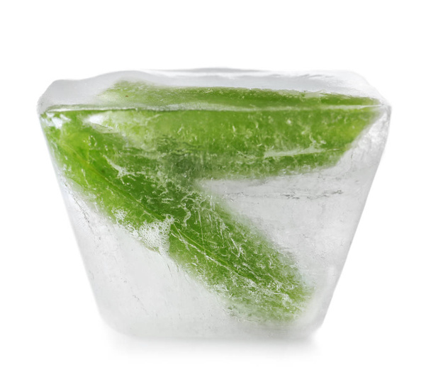 Fresh green beans in ice cube on white background. Frozen vegetables - Фото, изображение