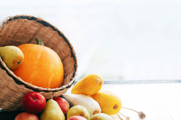 Feliz Día de Acción de Gracias. Calabaza y calabacín en elegante canasta de paja con manzanas y peras sobre fondo de madera blanca
 - Foto, Imagen