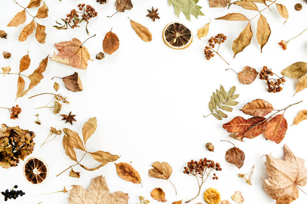 Rahmen aus trockenen Herbstblättern, Blütenblättern und Orangen auf weißem Hintergrund. flache Lage, Blick von oben saisonales Konzept. - Foto, Bild