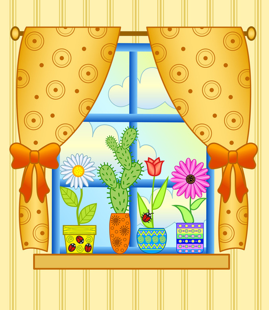 janela com vasos de flores - Vetor, Imagem