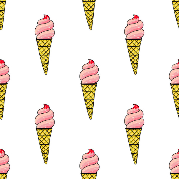 Vector illustration of Ice cream in the waffle cone with vanilla, chocolate, fruits. Cute doodle style illustration for product design. Vector illustration, seamless pattern with bright ice cream. - Vektor, obrázek
