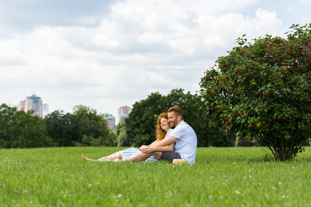 vzdálený pohled zrzka pár sedí na trávě v parku - Fotografie, Obrázek