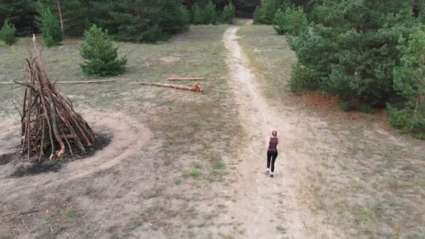 Aerial view from the Back to the Young Woman who Runs through Pine Tee Forest Path - Filmagem, Vídeo