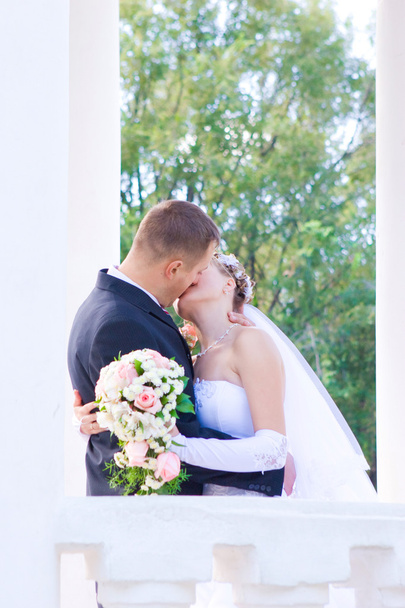 un baiser du couple nouvellement marié dans les colonnes
 - Photo, image