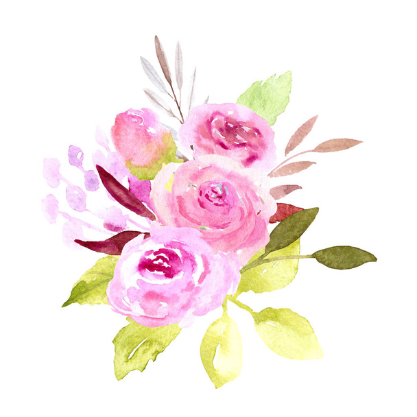 Pink roses watercolor bouquet - Fotoğraf, Görsel