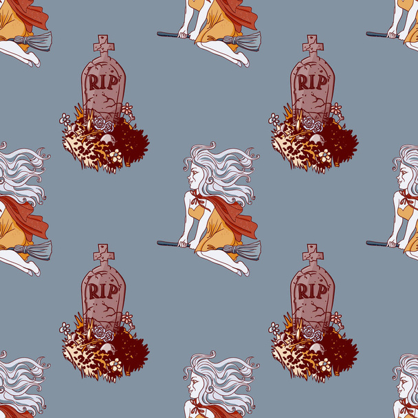 flying witch and cemetery tombs seamless pattern - Wektor, obraz