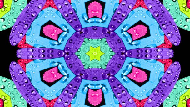 abstraktes Wasserkonzept symmetrisches Muster ornamentales dekoratives Kaleidoskop Bewegung geometrischer Kreis und Sternformen - Foto, Bild