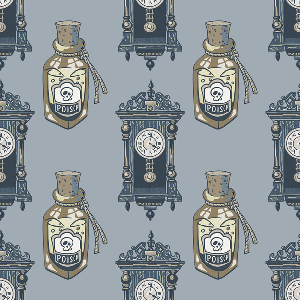 Vintage poison and antique clock seamless pattern - Vetor, Imagem