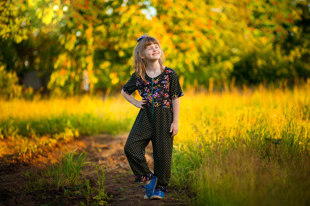 Retrato de adorable chica sonriente caminando en el parque al atardecer. Niño feliz de que el otoño ha llegado
 - Foto, imagen
