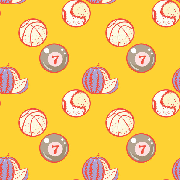 watermelon, billiards, basketball and baseball balls seamless pattern - Vector, imagen