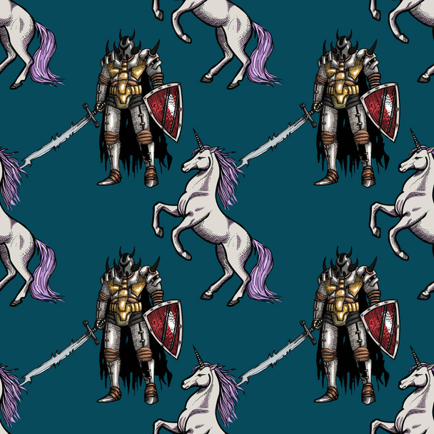 medieval knight and unicorn seamless pattern - Vektör, Görsel