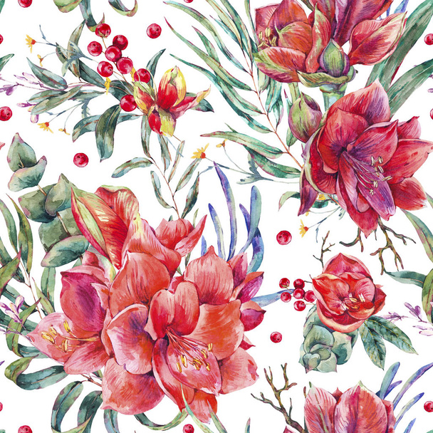 Akwarela shabby wzór kwiatowy kwiaty czerwone - Zdjęcie, obraz