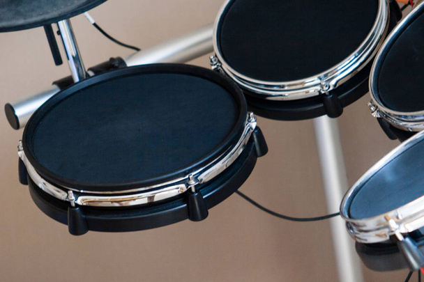 Electronic drum set closeup as musical background technology theme side view - Photo, Image