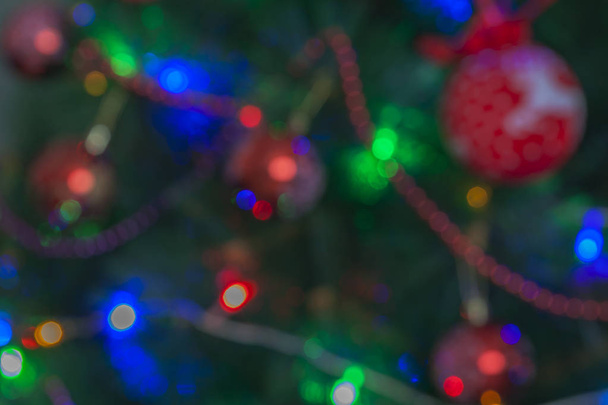 New Year's background of toys on a Christmas tree. Balls, lanterns, Christmas tree. - Fotoğraf, Görsel