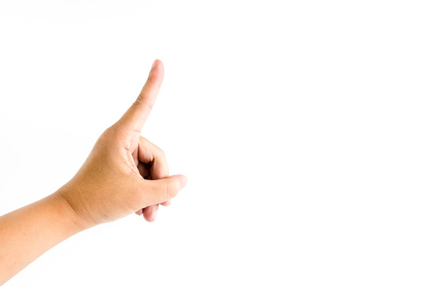 Man vertoont wijsvinger van zijn hand geïsoleerd op witte achtergrond - Foto, afbeelding