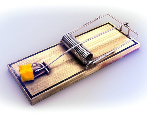 Mouse trap baited with a piece of cheddar cheese. 3d render - Photo, Image