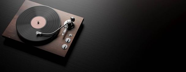 ビニール Lp レコード プレーヤー、黒の木製の背景、バナー、コピー領域のターン テーブル。3 d イラストレーション - 写真・画像