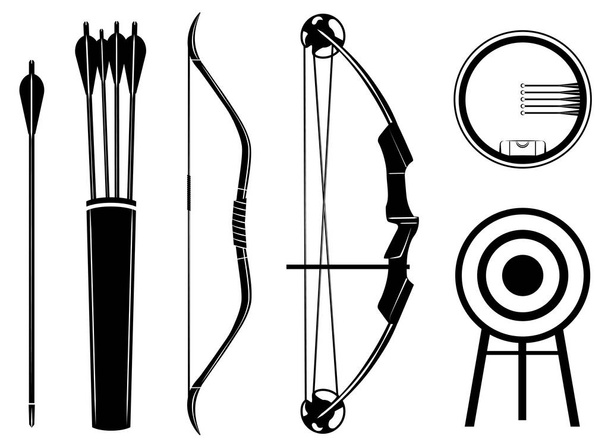 弓は、アイコンのベクトル図を設定します。弓、矢印、視力、矢筒、ターゲット, - ベクター画像