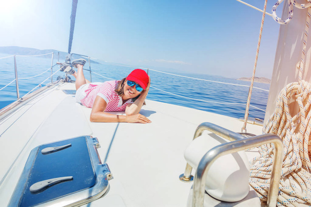 Woman relaxing On Yacht in Greece - Фото, изображение