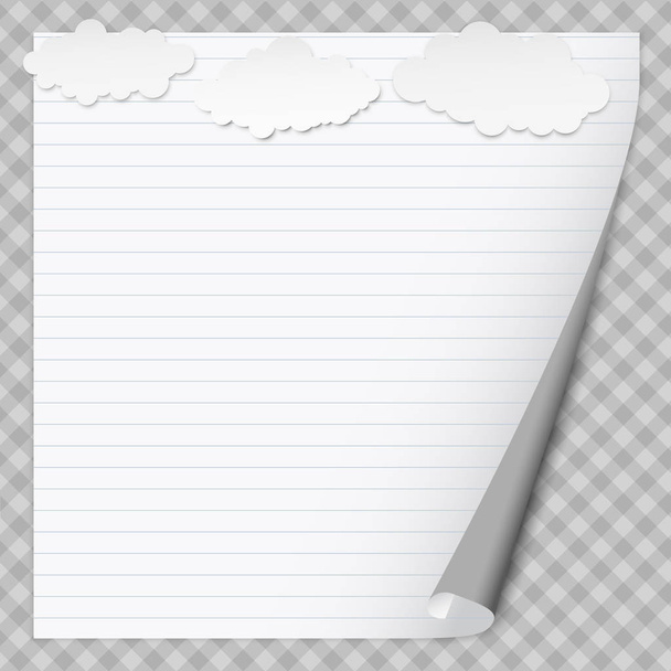 Carta bianca per notebook con angolo arricciato per testo o messaggio pubblicitario su sfondo quadrato con nuvole
. - Vettoriali, immagini