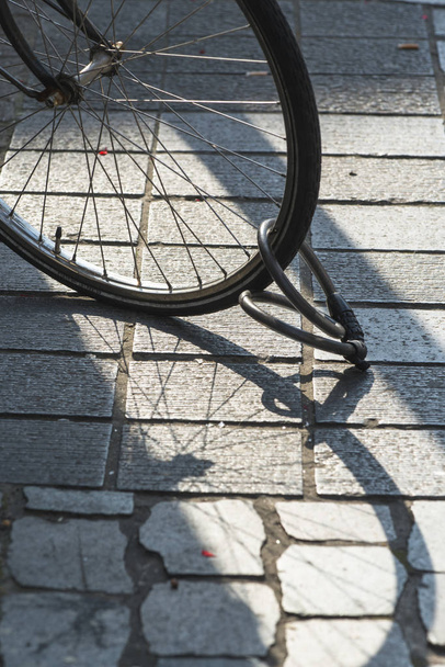 Cień koła roweru na chodniku - Zdjęcie, obraz