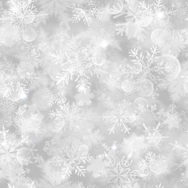 Joulu saumaton kuvio valkoinen hämärtynyt lumihiutaleet, häikäisy ja kimaltelee harmaalla pohjalla
 - Vektori, kuva