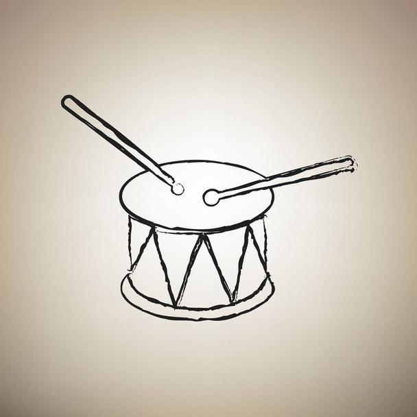 Drum sign. Vector. Brush drawed black icon at light brown backgr - Vector, Image