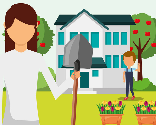 庭師女性とシャベルの家の庭の花のツリーを持つ少年 - ベクター画像