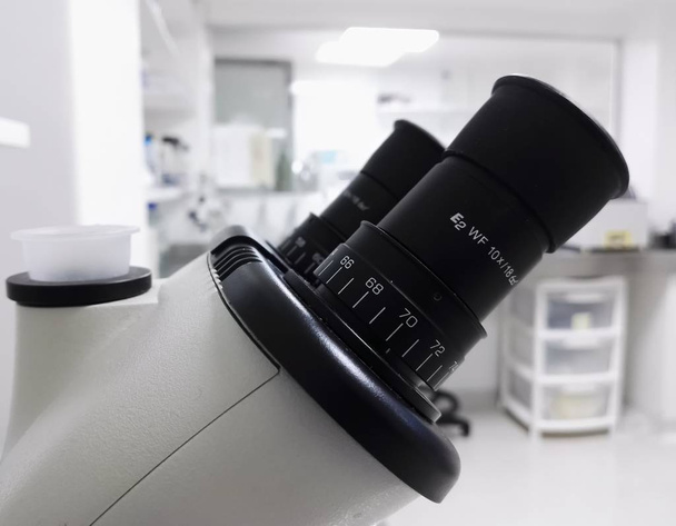 Ajuste del díptero y par de oculares (lente ocular) de un microscopio en un fondo de laboratorio científico brillante
 - Foto, imagen