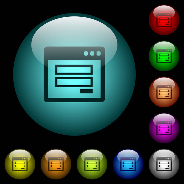 Finestra di accesso icone a colori illuminato pulsanti in vetro sferico su sfondo nero. Può essere utilizzato per modelli neri o scuri
 - Vettoriali, immagini