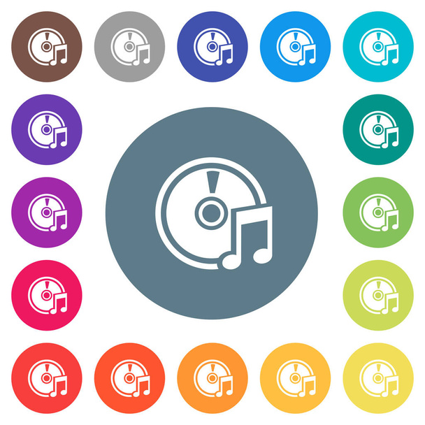 Audio Cd lapos fehér ikonok a kör egyszínű háttérrel. 17 háttér szín eltérések szerepelnek.. - Vektor, kép