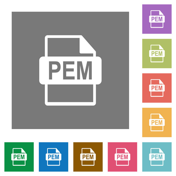 pem-Dateiformat flache Symbole auf einfachen quadratischen farbigen Hintergründen - Vektor, Bild