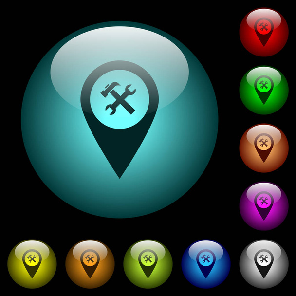 Workshop service GPS map location icons in color illuminated spherical glass buttons on black background. Can be used to black or dark templates - Vector, Imagen